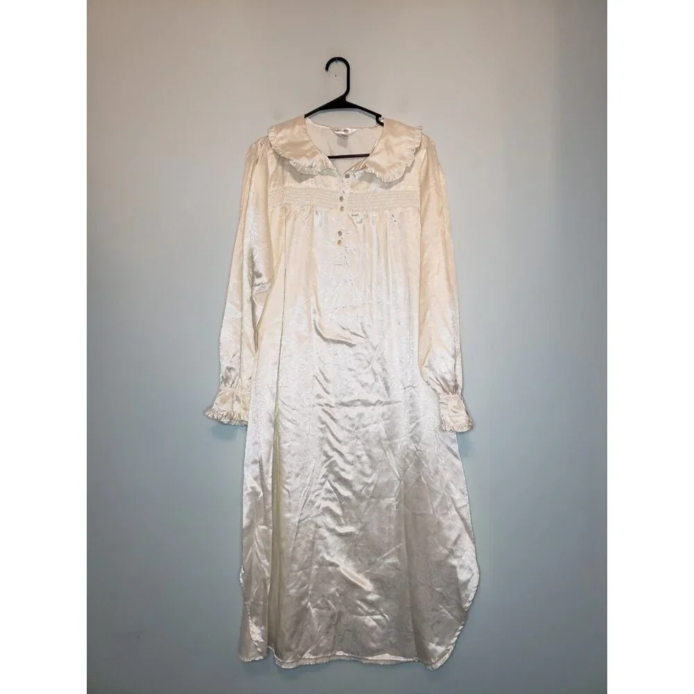 Fundamentals Women M Midi Nightgown Satin Cream Floral Grannycore Ruffle Collar - Picture 1 of 5
